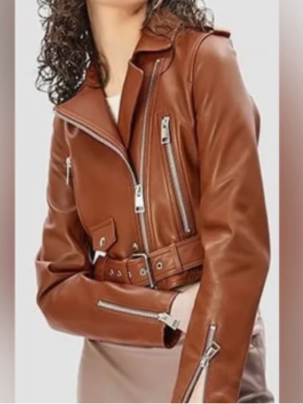 LTH JKT Mya Cropped Leather Biker Jacket Cognac Brown Size XS
